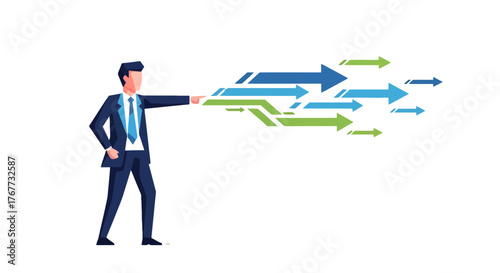Business Leader Directs Multiple Directional Arrows Towards a Future Vision With Precision