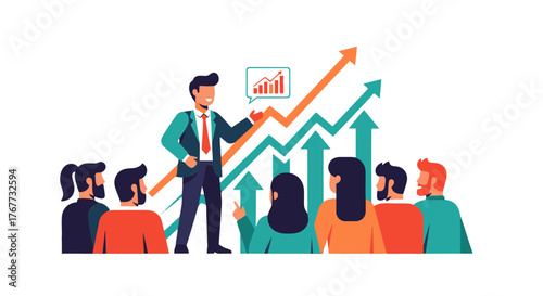 Business Leader Discussing Growth Charts and Strategies with Team Members on Dark Background