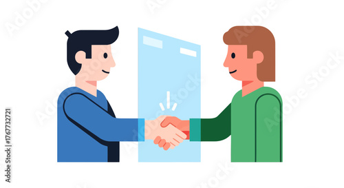Business Partners Shake Hands Across Digital Interface in Modern Illustration