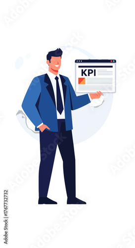 Business Professional Showcasing KPI Data Visualization in Digital Format, Strategic Overview