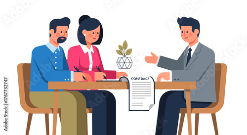 Business Partners Signing Contract Illustrated, Negotiating Agreement, Lawyer Explaining Details