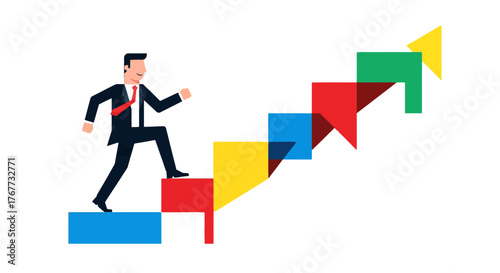 Business Person Ascending Colorfully Designed Stairs Towards Success and Advancement