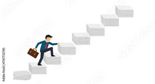 Business Person Ascending Success Ladder Formed From Stacks of Paperwork