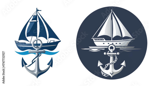 Two sailboat logos with anchors in blue and gray color schemes  