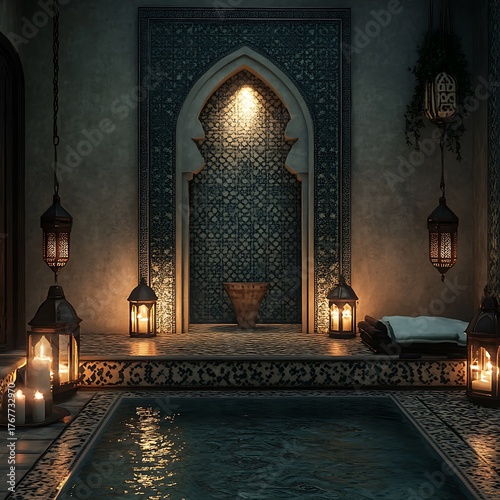 Elegant Moroccan Spa Bathroom With Blue Tile Walls And Lanterns