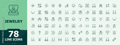 Jewelry linear icon set. Minimalist icons collection. Pixel perfect. Editable stroke. Gem icon set. Contains such symbols as elegance, jewel, fashion, gem, gift, gems and more.