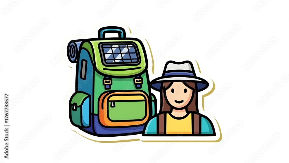 Fototapeta premium Vibrant cartoon sticker featuring a happy female explorer with a solar-powered backpack, symbolizing sustainable travel and nature exploration and ecological journeys