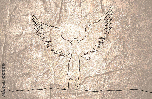 Fantasy woman angel with huge bird wings. Lady goddess in dress