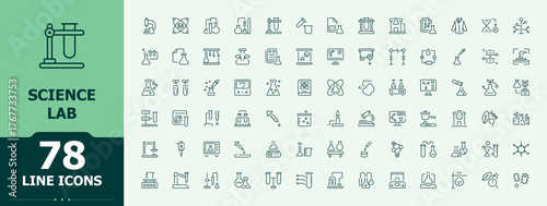 Science Lab vector icon set. Thin line icons set. Research icon. Includes symbols for biotechnology, scientific, chemistry, laboratory, biology and more.