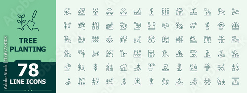 Tree Planting linear icon set. Contains such symbols as environment, farming, garden, plant, eco, ecology and more. Nature icon pack. Thin icons set. Editable stroke. Vector collection.