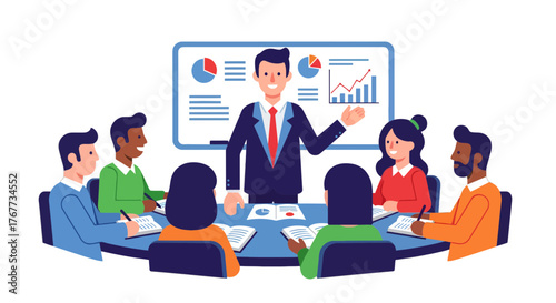 Business Team Analyzing Data During a Team Building Workshop Presentation Meeting