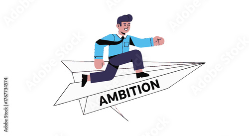 Businessman Ascending On Paper Airplane Symbolizing Ambitious Career Goals and Aspirations