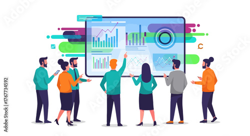 Business Team Analyzing Data Presentation on a Digital Screen With Business Statistics