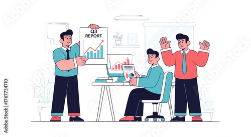 Business Team Celebrating Success and Reporting on Q3 Performance Metrics Together