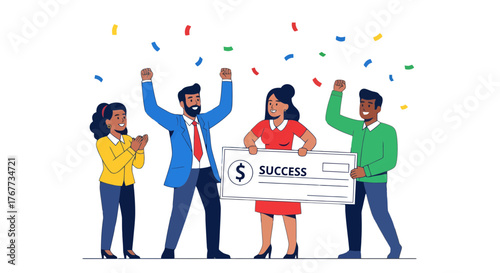 Business Team Celebrating Achievement, Holding Success Check with Colorful Confetti