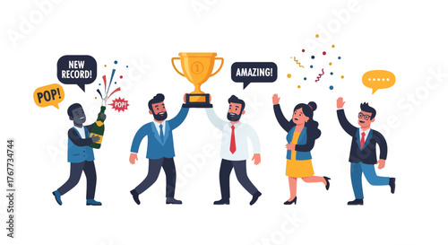 Business Team Celebrating Success With Trophy and Champagne Animation Illustration
