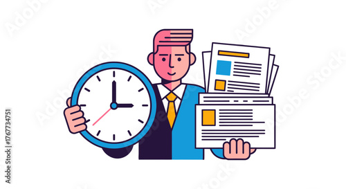 Businessman Holding Clock Displaying Deadlines And Stacks Of Documents In Time Management