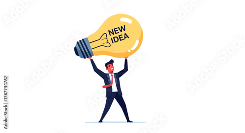 Businessman Holding Gigantic New Idea Symbolizes Innovation and Creativity against a Black