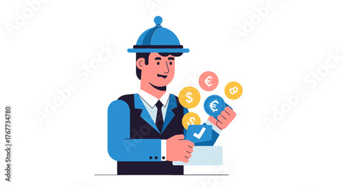 Businessman Holding Finances and Cryptocurrencies, Money Investment and Saving Illustration