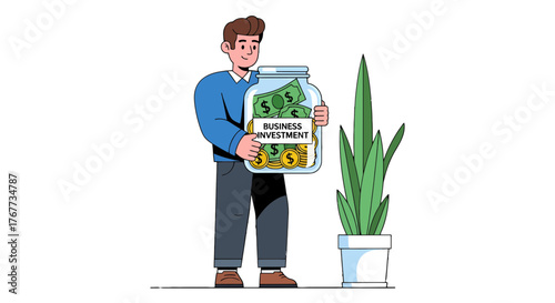 Businessman Holds a Jar Filled With Cash, Representing Business Investment and Growth