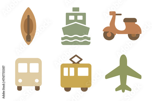 Diverse set of transportation icons covering air land and sea travel modes