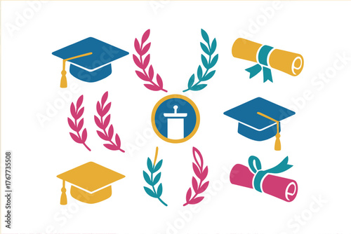 Academic graduation symbols set with mortarboards diplomas and laurel wreaths