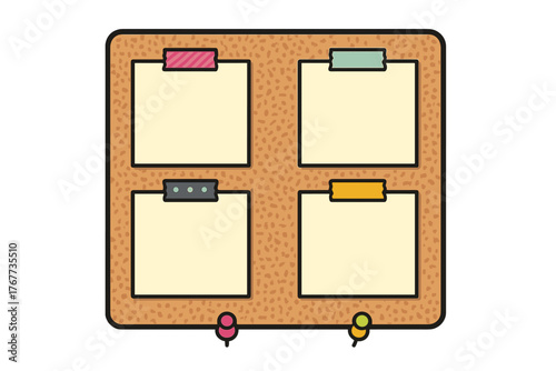 Blank cork bulletin board divided into four sections with empty sticky notes held by colorful decorative tape