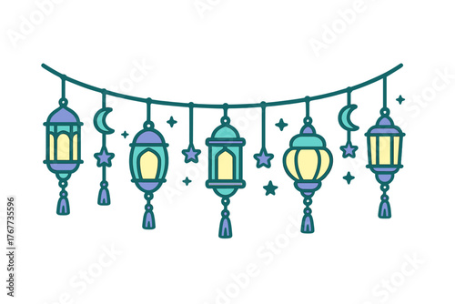 Decorative string of traditional Arabic lanterns and celestial symbols hanging on a line
