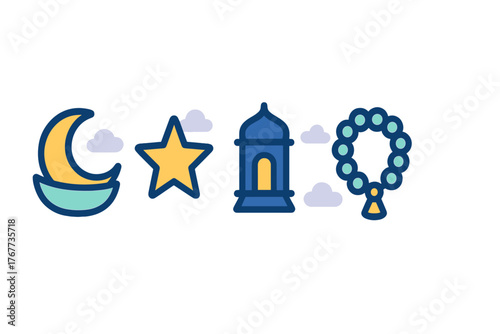 Set of Islamic religious symbols including crescent moon, star, lantern, and prayer beads