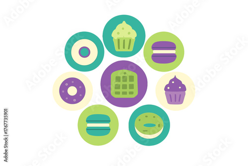 Vibrant circular arrangement of sweet desserts including cupcakes donuts and waffles