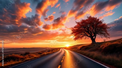 Scenic Highway During Fiery Sunset with Lone Tree on Hillside and Dramatic Clouds Over Landscape