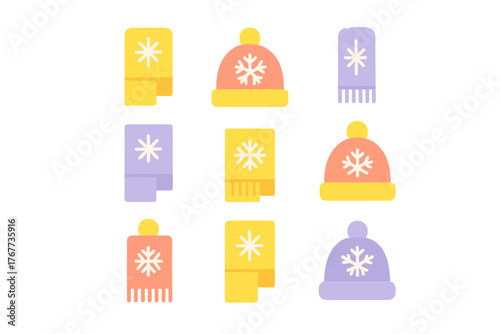Seamless pattern of colorful winter hats and scarves decorated with white snowflakes