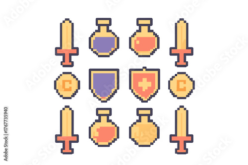 Pixel art fantasy game assets collection featuring swords, shields, coins, and magic potions