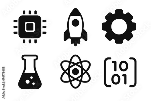 Six monochrome symbols representing science, technology, engineering, and mathematics concepts