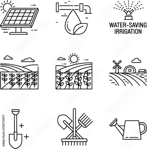 Clean Line Art Icons Representing Sustainable Agriculture and Eco Farming Practices.