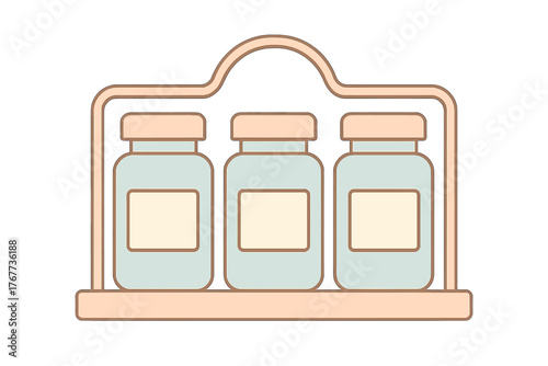 Minimalist kitchen caddy holding three glass storage jars with blank labels and pastel lids