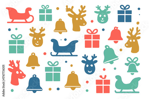 Colorful Christmas holiday seamless pattern background with reindeer, sleighs, bells, and gift boxes