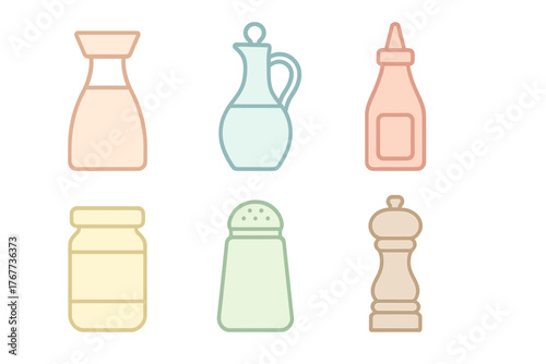 Pastel colored minimalist essential kitchen condiments and seasoning bottles on a white background