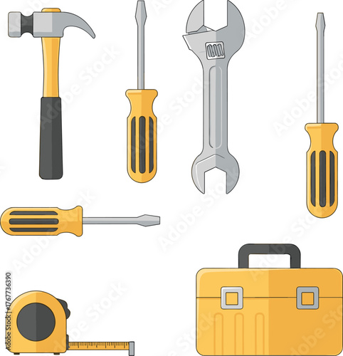 Flat Minimal Construction Tools Icon Set with Hardware and Repair Equipment.