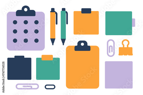 Colorful office supplies collection with pens sticky notes and paper clips for planning