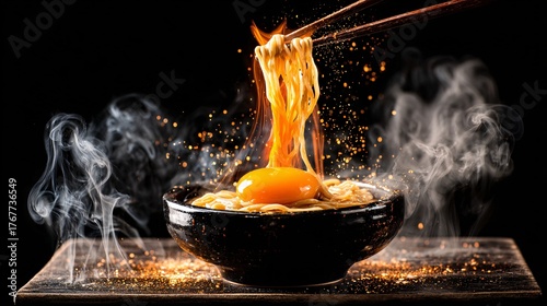 Fiery Noodle Bowl – Steaming Ramen with Egg Yolk and Glowing Sparks