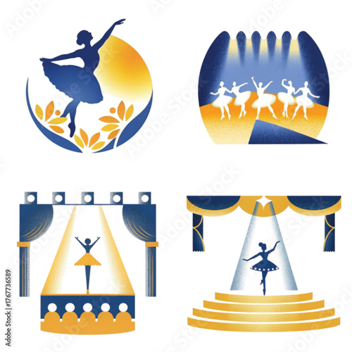 Ballerina silhouettes in theatrical stage designs with spotlight