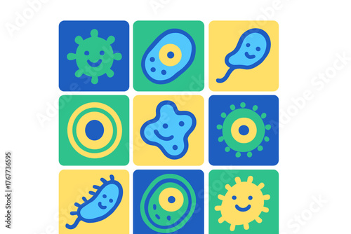 Colorful grid of stylized microscopic germs and friendly bacteria icons set
