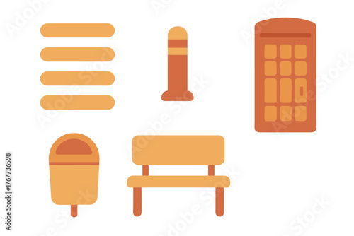 Minimalist public park and street furniture elements: bench, trash can, and bollard