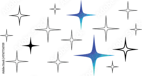 Sparkling stars and radiant light effects, featuring outlines, solid fills, and vibrant blue gradients, ideal for decorative designs needing brilliance and festive cheer