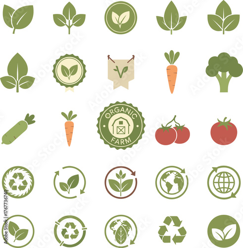 Flat Minimal Organic and Vegan Editable Icons Set with Fresh Food and Eco Symbols.