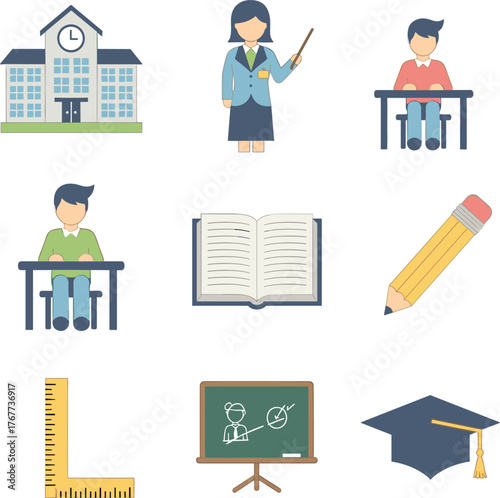 Flat Minimal School and Classroom Editable Icons Set with Students and Learning Tools.