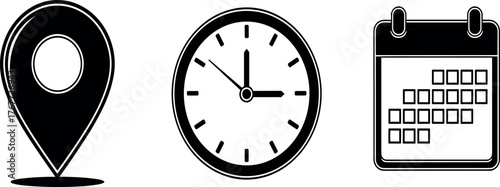 Time and Location Icon Set Featuring Clock, Calendar, and Pointer for Navigation