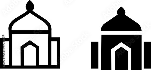 Two stylized mosque icons one outline and one solid black silhouette