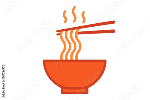 Minimalist design of steaming hot noodles lifted from a bowl using red chopsticks